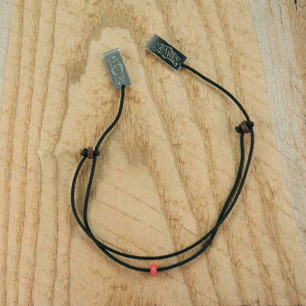 Capsurz® Keep Your Hat On Your Head In the Wind Black Cord With Dark Brown Wood Beads And Red Slider Accent