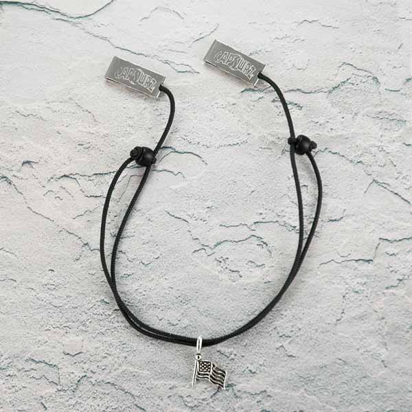 Capsurz® Hold Your Hat Down In the Wind Black Cord With Black Glass Beads And US Flag Charm